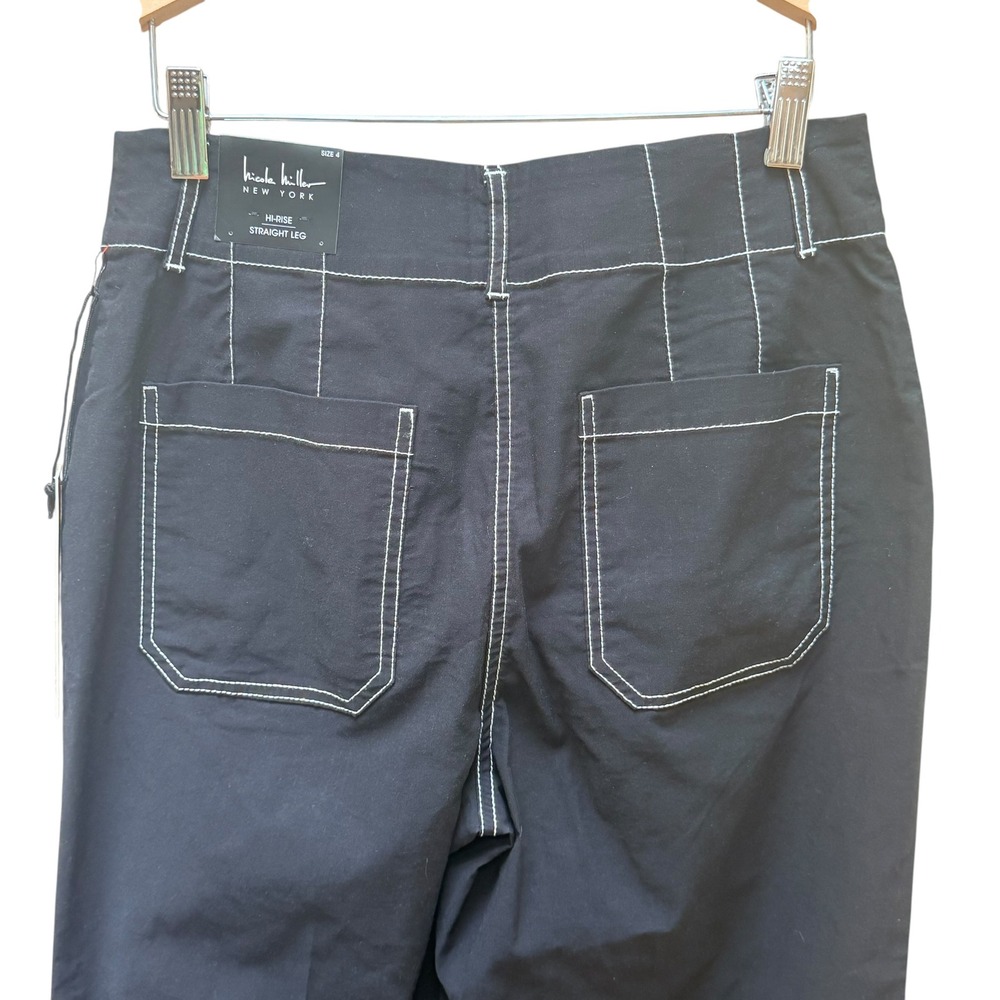 Nicole Miller Pants Womens 4 Black High Rise Straight Leg Contrast Stitch New - Picture 5 of 10